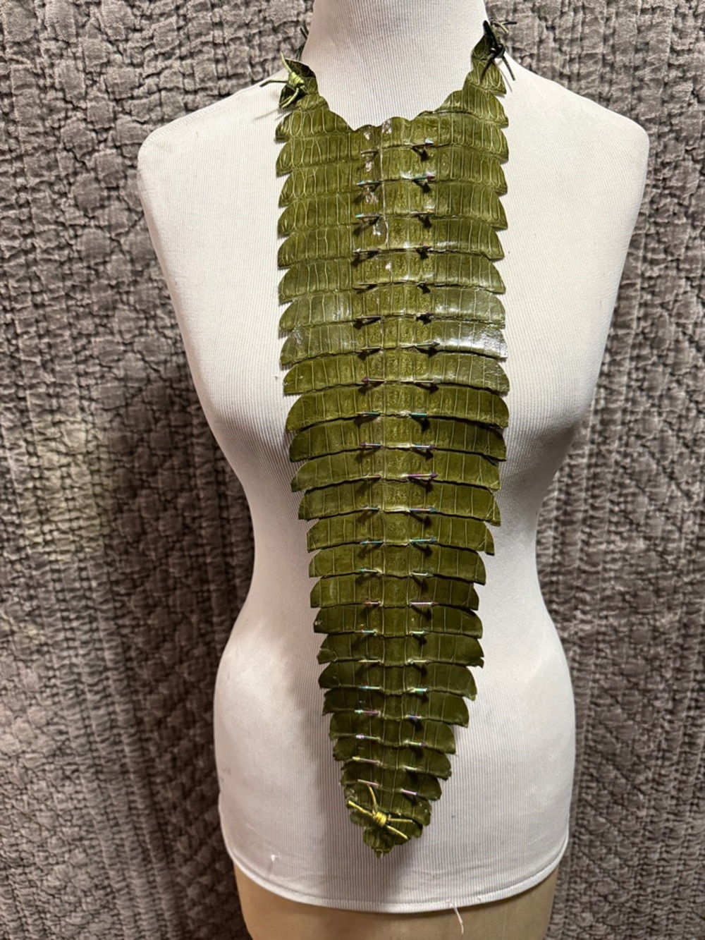 Olive Green Statement Leaf Tie - Women's Real Crocodile Fashion Tie with studs .
